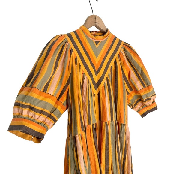 Ulla Johnson | Yellow and Orange Striped Tiered Short Puff Sleeve Dress Size 8 - Picture 2 of 11